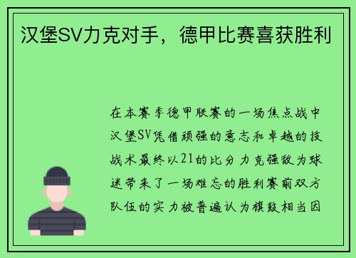 汉堡SV力克对手，德甲比赛喜获胜利