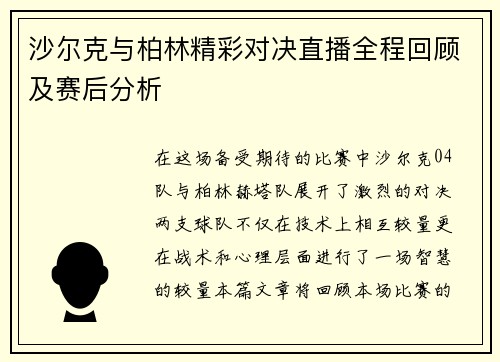 沙尔克与柏林精彩对决直播全程回顾及赛后分析